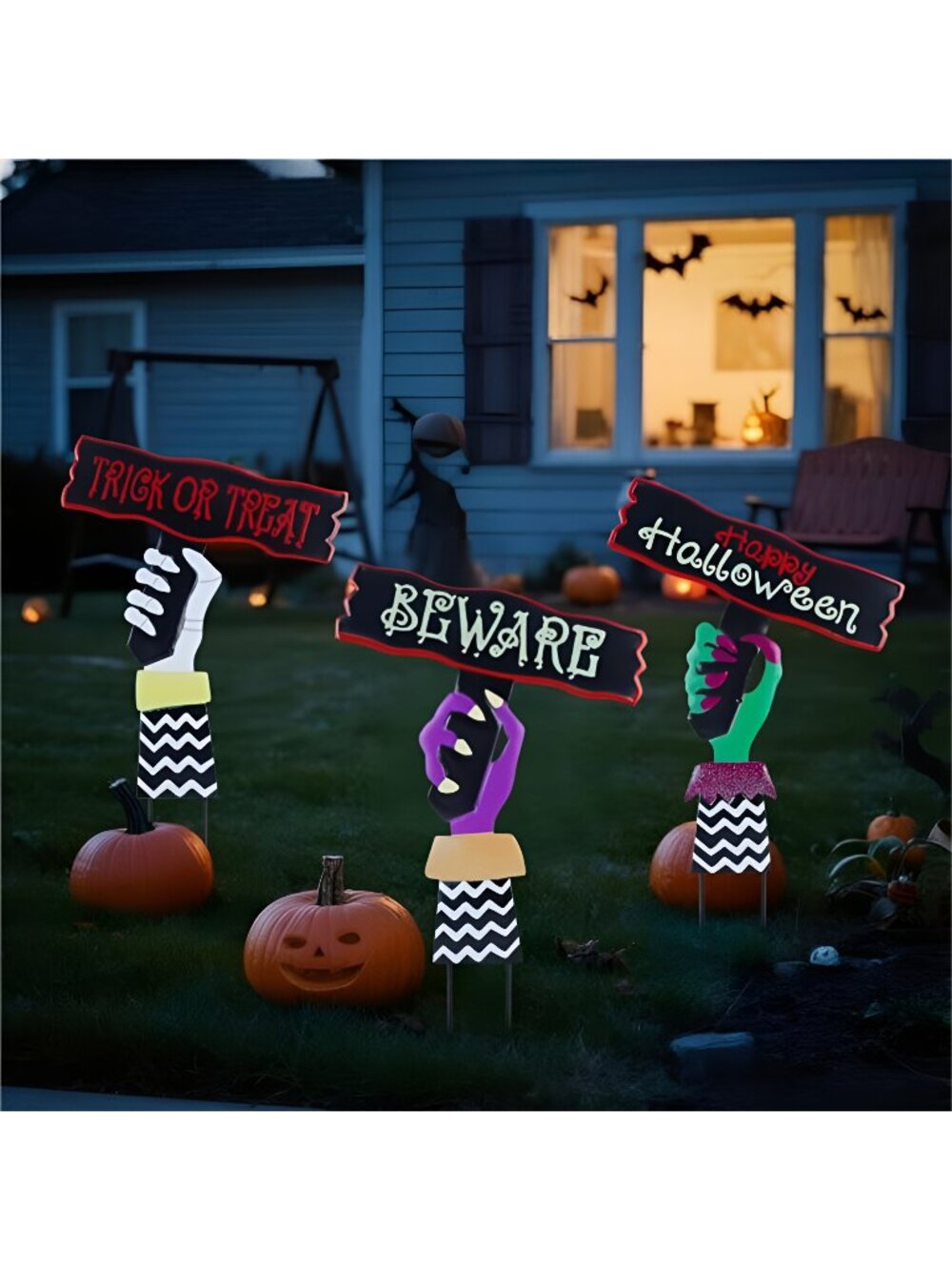 3 Pack Halloween Yard Stakes Outdoor Decorations – Scary Metal Hand Signs